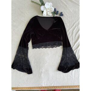 Black Velvet Crop Top With Lace Bell Sleeves & V-Neckline Whimsigoth Whimsygoth